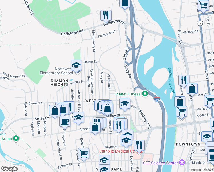 map of restaurants, bars, coffee shops, grocery stores, and more near 66 Mason Street in Manchester