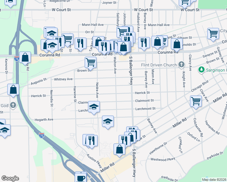 map of restaurants, bars, coffee shops, grocery stores, and more near 3809 Arlene Avenue in Flint