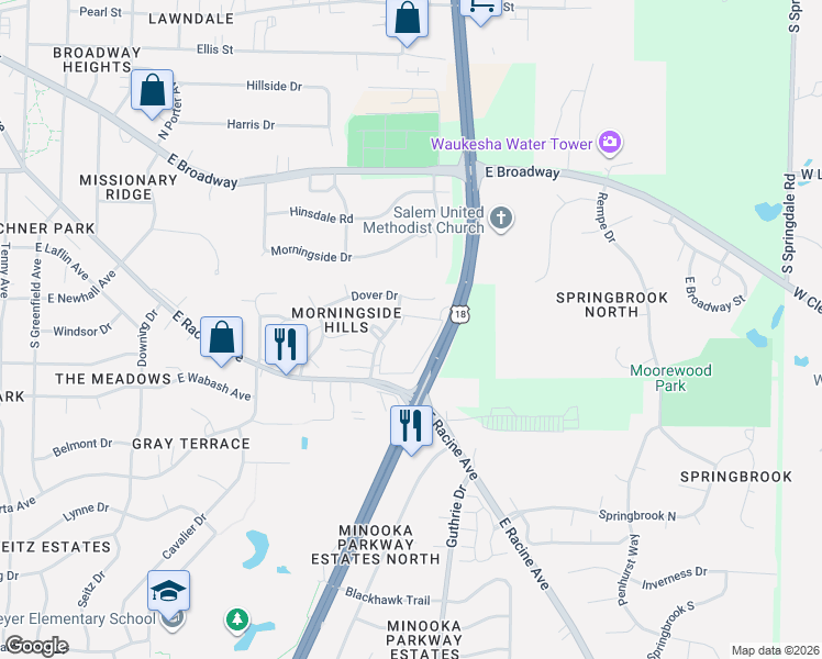 map of restaurants, bars, coffee shops, grocery stores, and more near 1605 Dover Drive in Waukesha