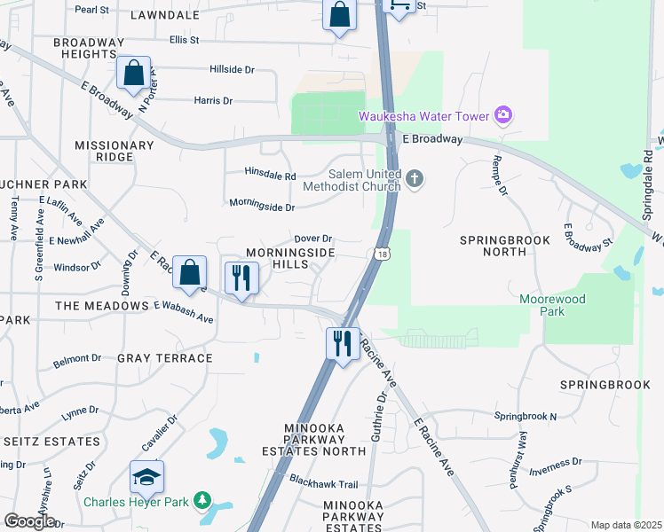 map of restaurants, bars, coffee shops, grocery stores, and more near 1605 Dover Drive in Waukesha