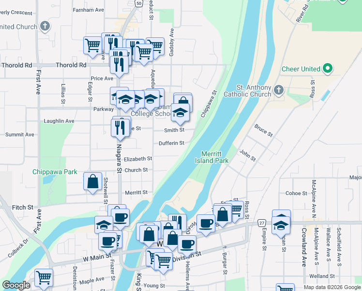 map of restaurants, bars, coffee shops, grocery stores, and more near 61 Dufferin Street in Welland