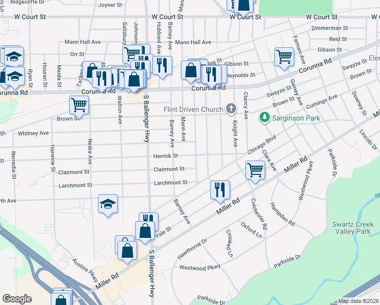 map of restaurants, bars, coffee shops, grocery stores, and more near 3210 Herrick Street in Flint
