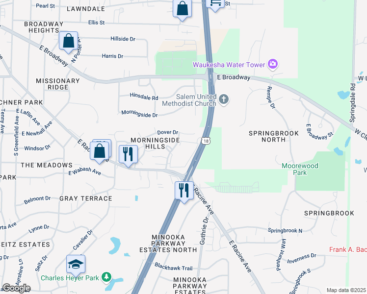 map of restaurants, bars, coffee shops, grocery stores, and more near 305 Sheffield Road in Waukesha