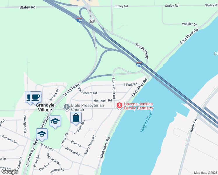map of restaurants, bars, coffee shops, grocery stores, and more near 1450 East Park Road in Grand Island