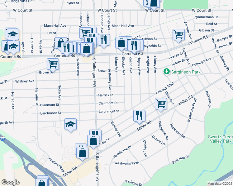 map of restaurants, bars, coffee shops, grocery stores, and more near 3306 Herrick Street in Flint