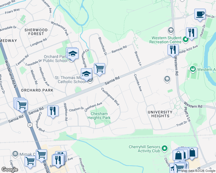 map of restaurants, bars, coffee shops, grocery stores, and more near 340 Sarnia Road in London