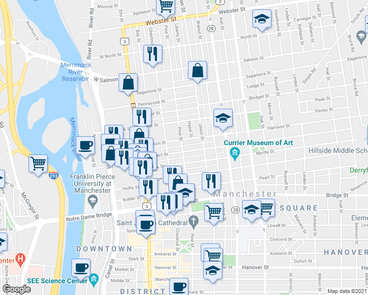 map of restaurants, bars, coffee shops, grocery stores, and more near 557 Pine Street in Manchester