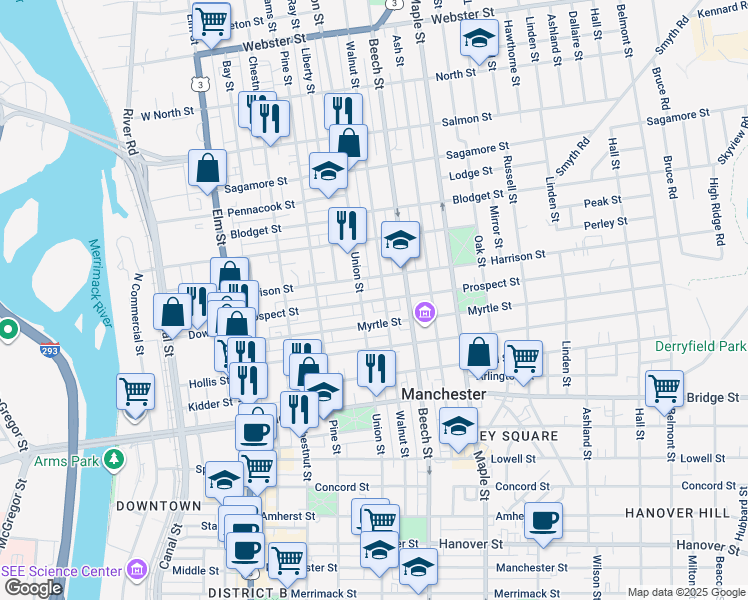 map of restaurants, bars, coffee shops, grocery stores, and more near 694 Union Street in Manchester