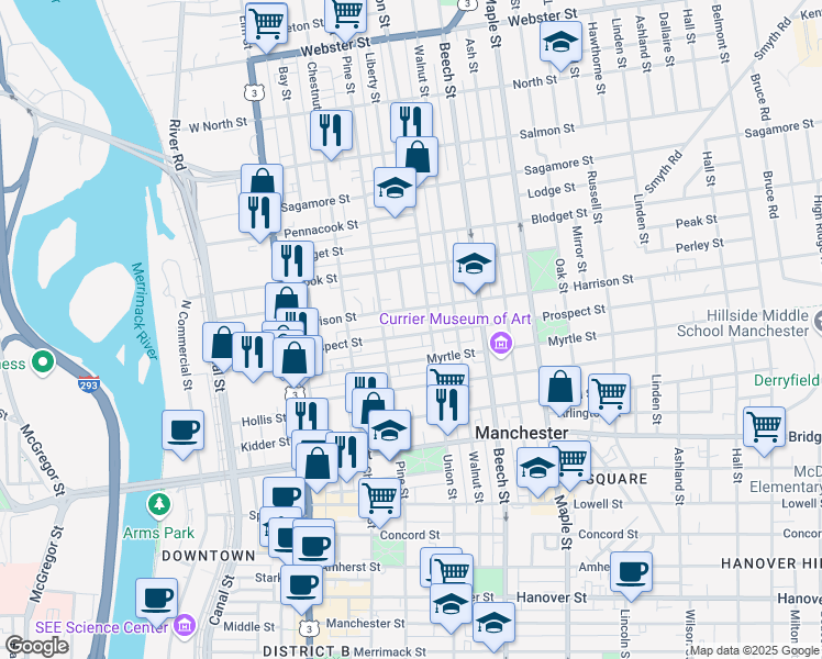 map of restaurants, bars, coffee shops, grocery stores, and more near 694 Union Street in Manchester
