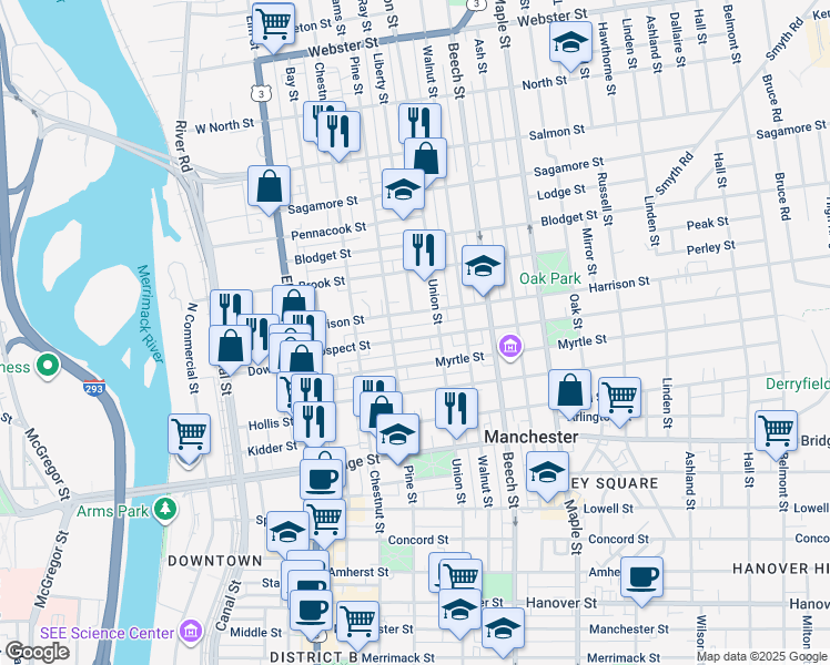 map of restaurants, bars, coffee shops, grocery stores, and more near 73 Harrison Street in Manchester