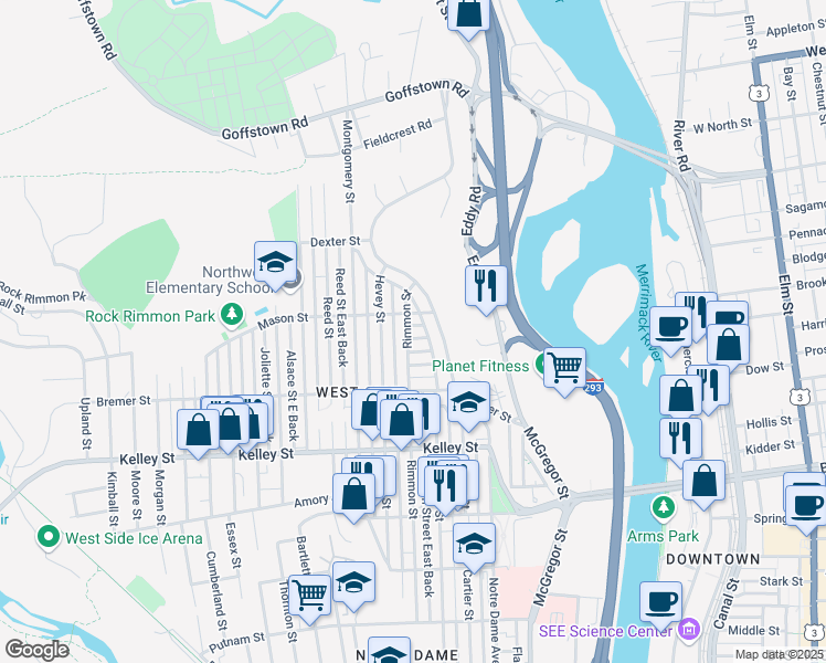 map of restaurants, bars, coffee shops, grocery stores, and more near 360 Coolidge Avenue in Manchester