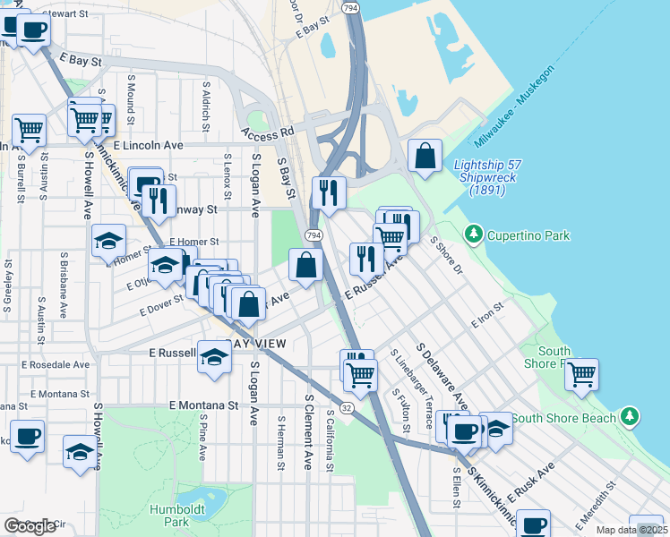map of restaurants, bars, coffee shops, grocery stores, and more near 2456a South Delaware Avenue in Milwaukee