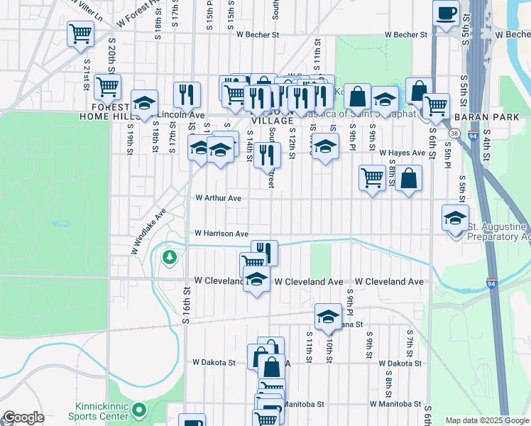 map of restaurants, bars, coffee shops, grocery stores, and more near 2500 South 13th Street in Milwaukee