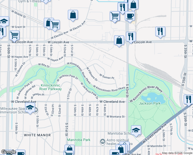 map of restaurants, bars, coffee shops, grocery stores, and more near 4808 West Fillmore Drive in Milwaukee
