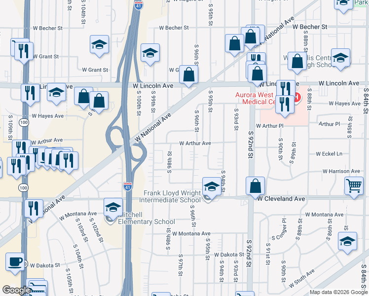 map of restaurants, bars, coffee shops, grocery stores, and more near 9706 West Arthur Avenue in West Allis