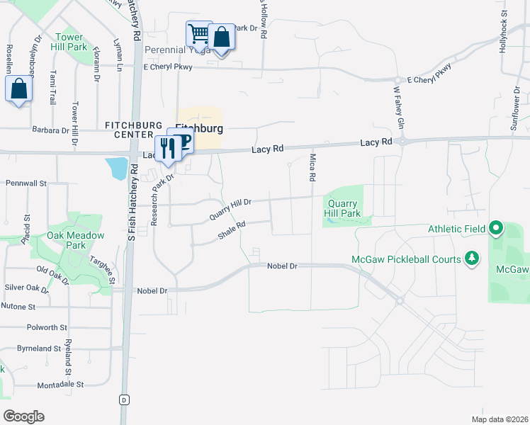 map of restaurants, bars, coffee shops, grocery stores, and more near 2652 Quartz Road in Fitchburg
