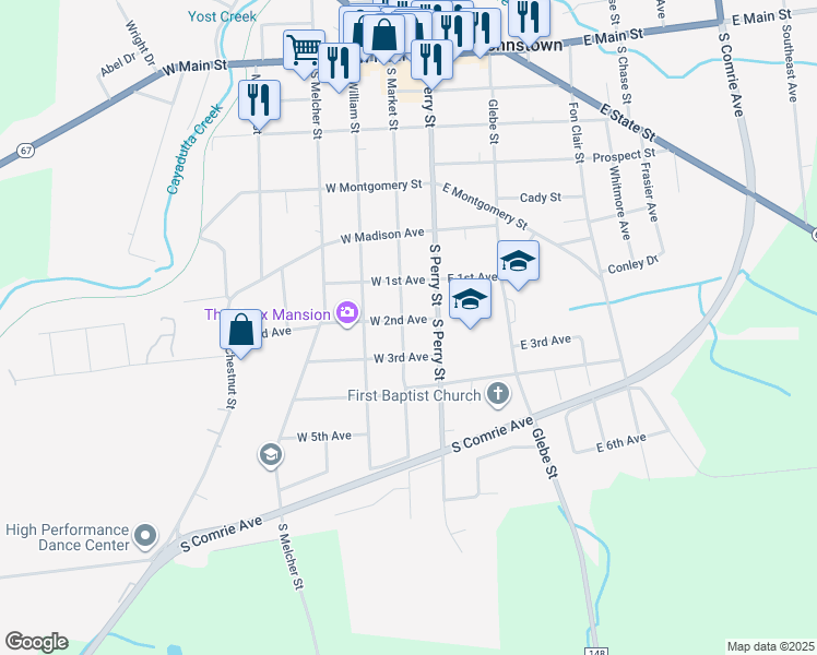 map of restaurants, bars, coffee shops, grocery stores, and more near 3 West 2nd Avenue in Johnstown