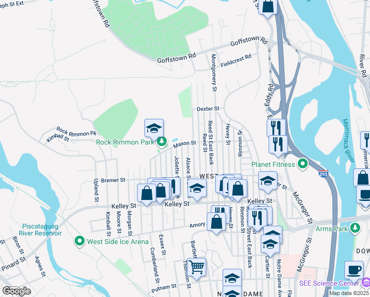 map of restaurants, bars, coffee shops, grocery stores, and more near 300 Youville Street in Manchester
