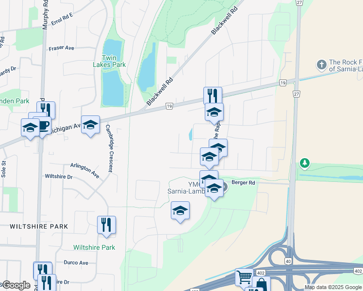 map of restaurants, bars, coffee shops, grocery stores, and more near 508 Cherry Blossom Court in Sarnia