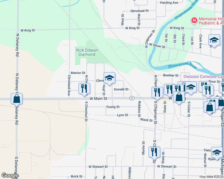 map of restaurants, bars, coffee shops, grocery stores, and more near 201 North Brooks Street in Owosso