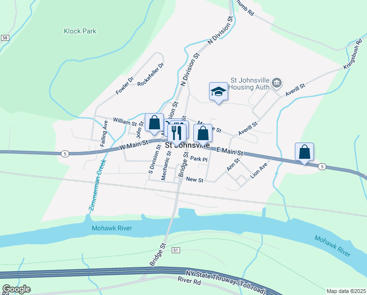 map of restaurants, bars, coffee shops, grocery stores, and more near 5 West Main Street in Saint Johnsville
