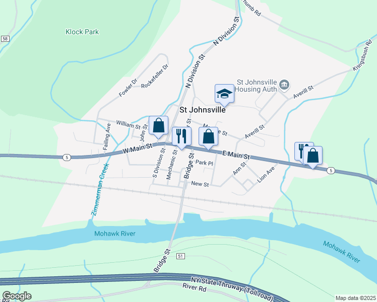 map of restaurants, bars, coffee shops, grocery stores, and more near 5 West Main Street in Saint Johnsville