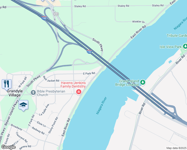 map of restaurants, bars, coffee shops, grocery stores, and more near 1460 East River Road in Grand Island
