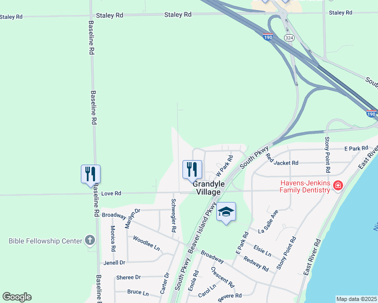 map of restaurants, bars, coffee shops, grocery stores, and more near 80 Ward Park in Grand Island