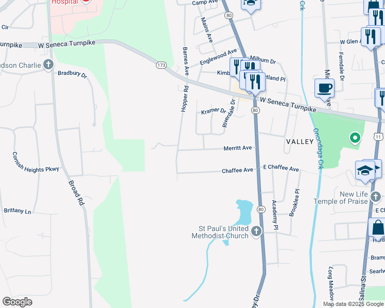 map of restaurants, bars, coffee shops, grocery stores, and more near 308 Merritt Avenue in Syracuse