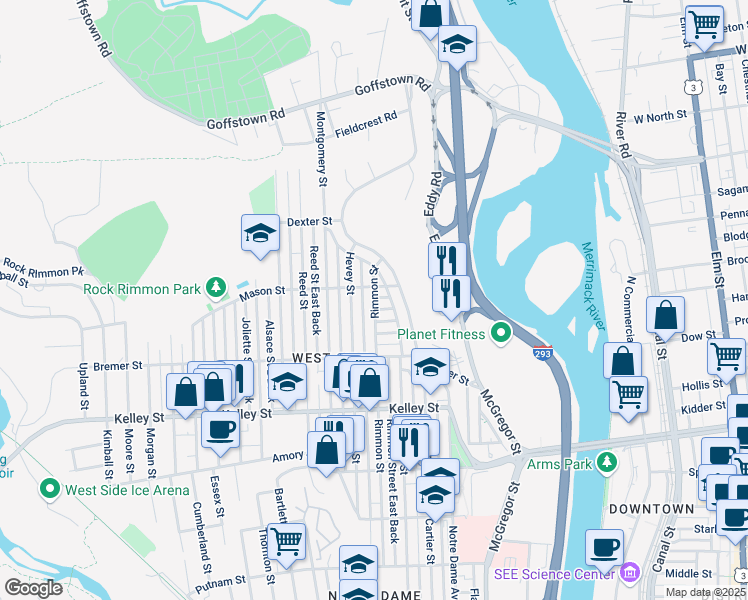 map of restaurants, bars, coffee shops, grocery stores, and more near 66 Mason Street in Manchester