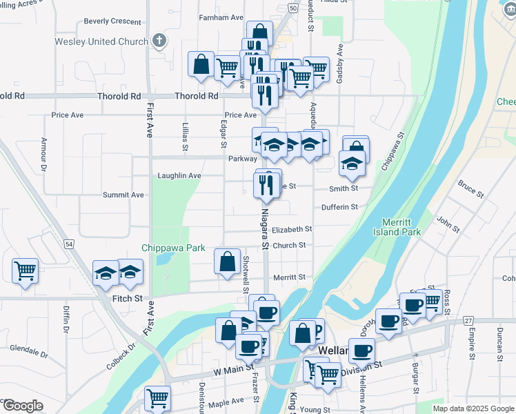 map of restaurants, bars, coffee shops, grocery stores, and more near in Welland