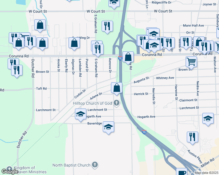 map of restaurants, bars, coffee shops, grocery stores, and more near 3460 Arlene Drive in Flint