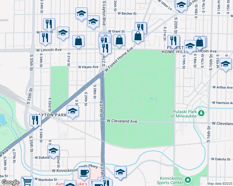 map of restaurants, bars, coffee shops, grocery stores, and more near 2520-2598 South 27th Street in Milwaukee