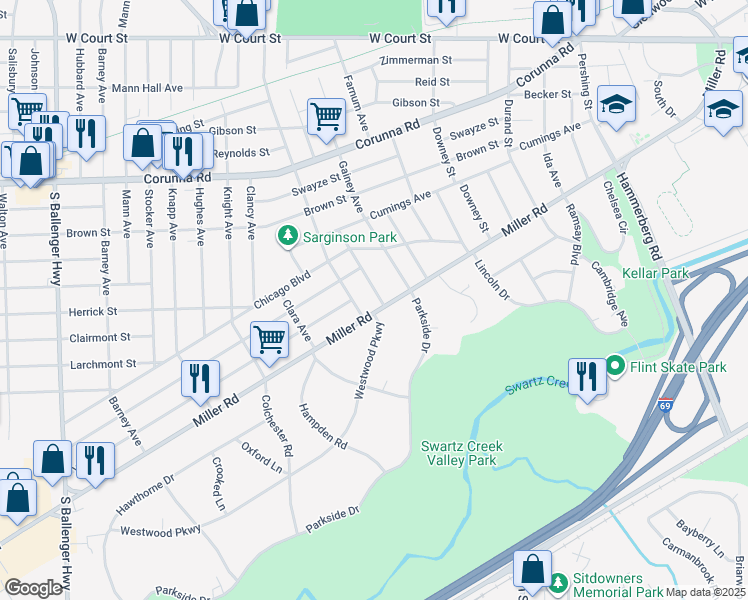 map of restaurants, bars, coffee shops, grocery stores, and more near 1556 Monteray Street in Flint