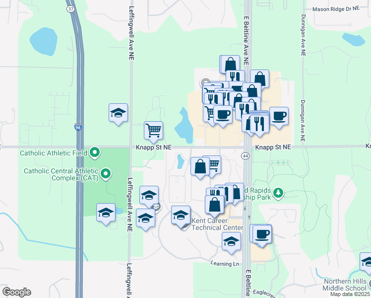 map of restaurants, bars, coffee shops, grocery stores, and more near 3000 Knapp Street Northeast in Grand Rapids