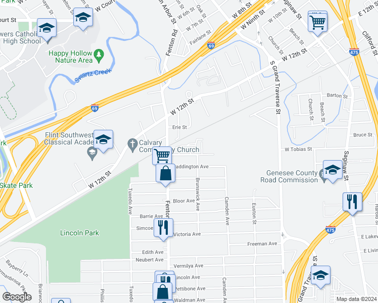 map of restaurants, bars, coffee shops, grocery stores, and more near 902 Lexington Avenue in Flint