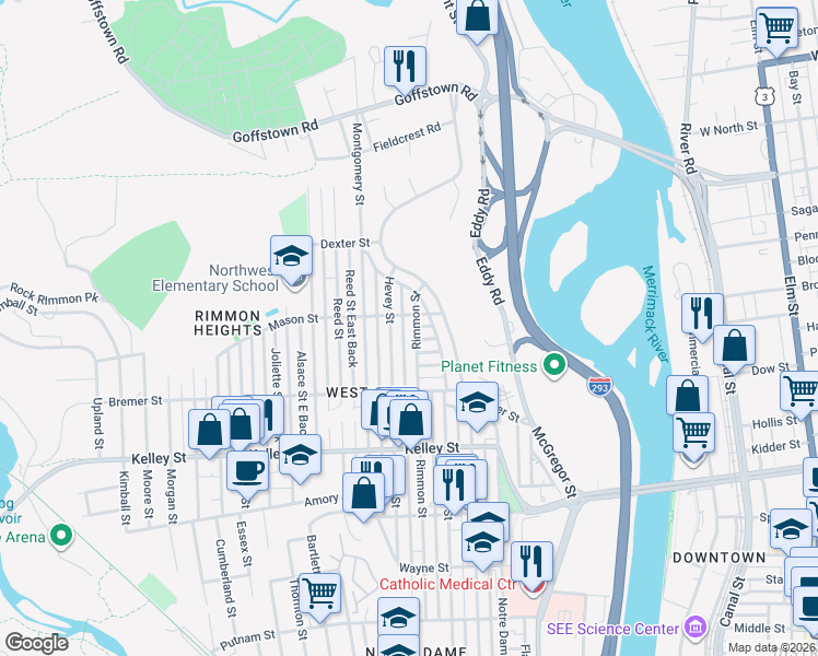 map of restaurants, bars, coffee shops, grocery stores, and more near 66 Mason Street in Manchester
