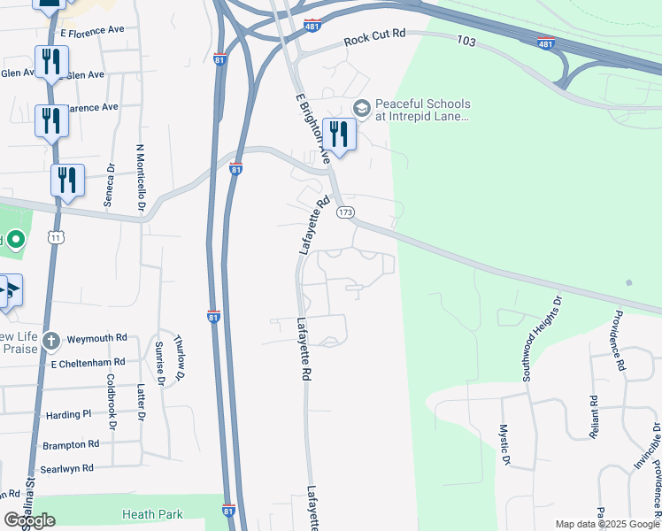 map of restaurants, bars, coffee shops, grocery stores, and more near 111 Lafayette Road in Syracuse