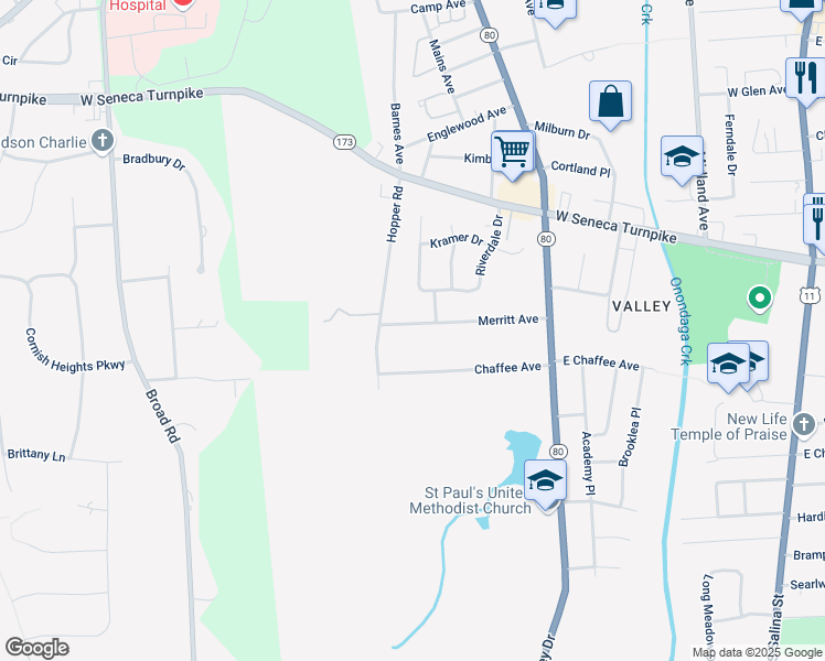 map of restaurants, bars, coffee shops, grocery stores, and more near 308 Merritt Avenue in Syracuse