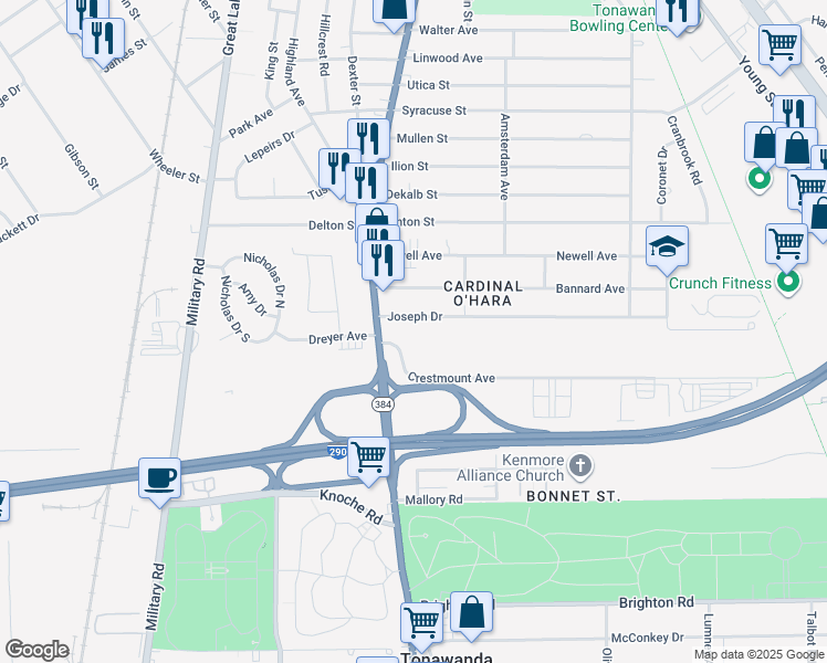 map of restaurants, bars, coffee shops, grocery stores, and more near 49 Joseph Drive in Tonawanda