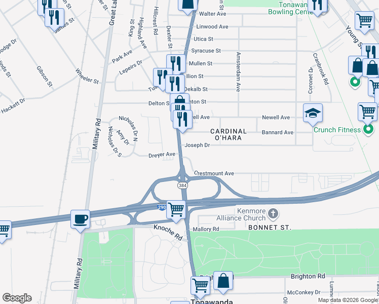 map of restaurants, bars, coffee shops, grocery stores, and more near 4205 Delaware Avenue in Tonawanda