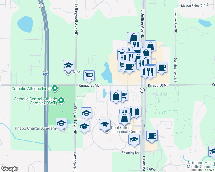 map of restaurants, bars, coffee shops, grocery stores, and more near 2967 Knapp Street Northeast in Grand Rapids