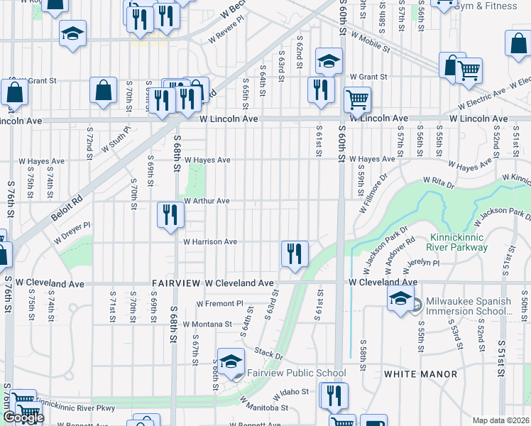 map of restaurants, bars, coffee shops, grocery stores, and more near 6301 West Arthur Avenue in West Allis