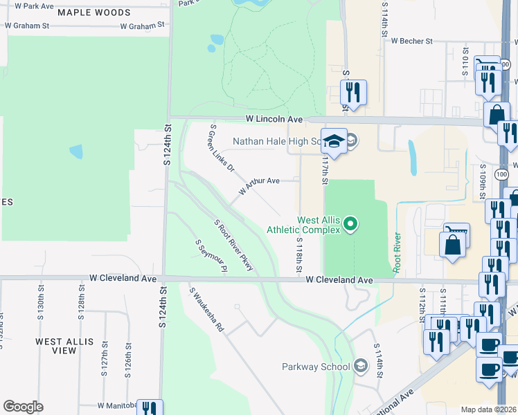 map of restaurants, bars, coffee shops, grocery stores, and more near 2521 South Green Links Drive in West Allis
