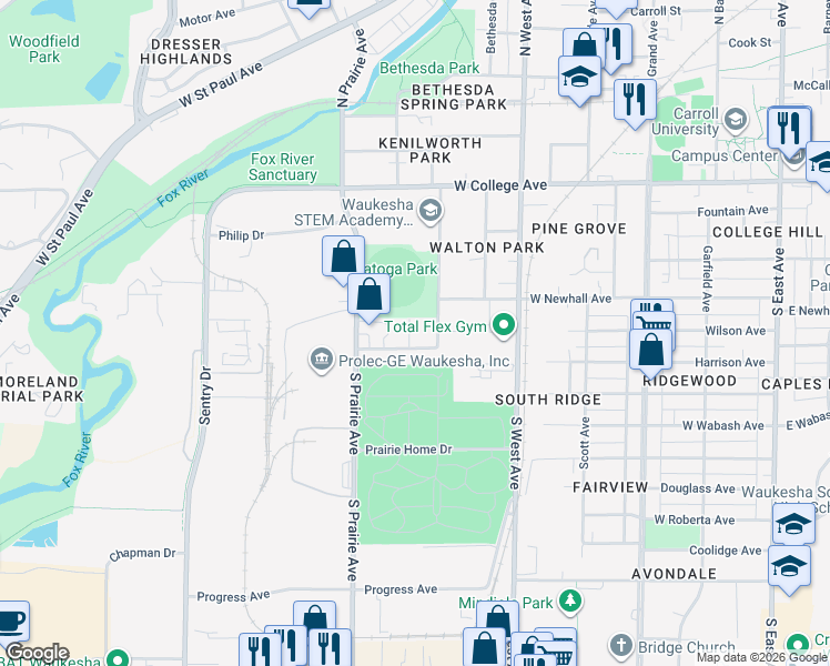 map of restaurants, bars, coffee shops, grocery stores, and more near 314 Walton Avenue in Waukesha