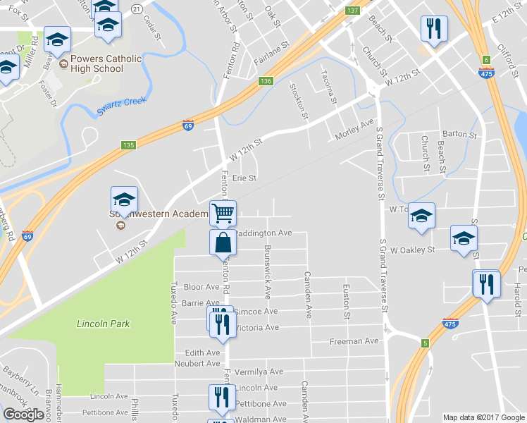 map of restaurants, bars, coffee shops, grocery stores, and more near 868 Lexington Avenue in Flint