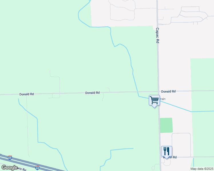 map of restaurants, bars, coffee shops, grocery stores, and more near 15218 Donald Road in Capac