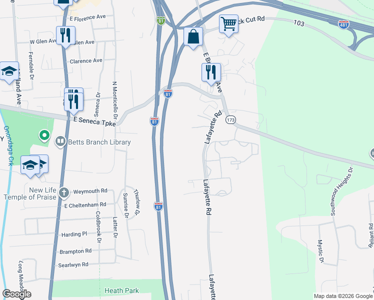 map of restaurants, bars, coffee shops, grocery stores, and more near 170 Lafayette Road in Syracuse