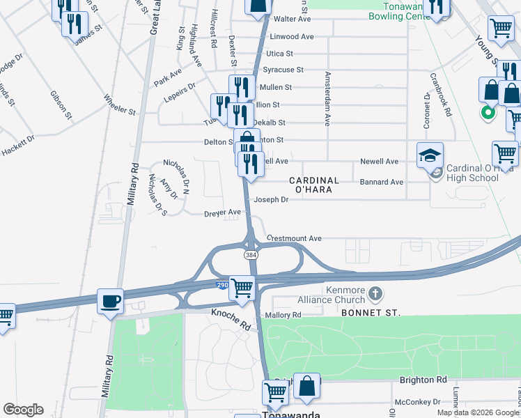 map of restaurants, bars, coffee shops, grocery stores, and more near 4205 Delaware Avenue in Tonawanda