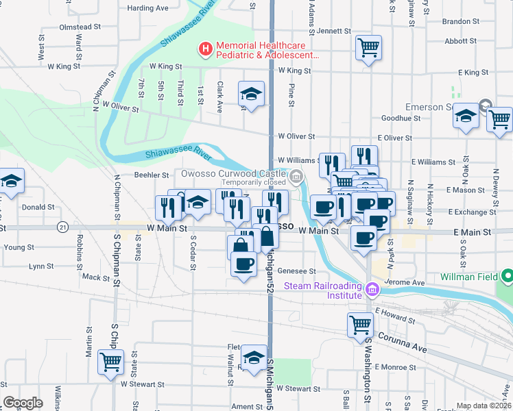 map of restaurants, bars, coffee shops, grocery stores, and more near 211 North Shiawassee Street in Owosso